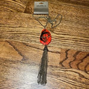 NWT Orange Stone Brassy Gold Tone Long Necklace